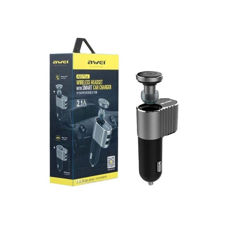 Bluetooth Awei A871BL Earbud Headset Επαναφορτιζόμενο Ασύρματο Ακουστικό με Smart Car Charger Φορτιστή Αυτοκινήτου - Χρώμα: Γκρι