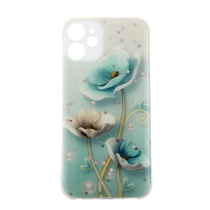 Θήκη Πλάτης Σιλικόνης για iphone 12 Mini - Σχέδιο: Μπλέ Λουλούδια
