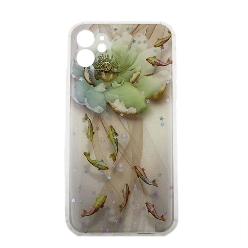 Θήκη Πλάτης Σιλικόνης για iphone 11  - Σχέδιο: Πράσινο λουλούδι με ψαράκια