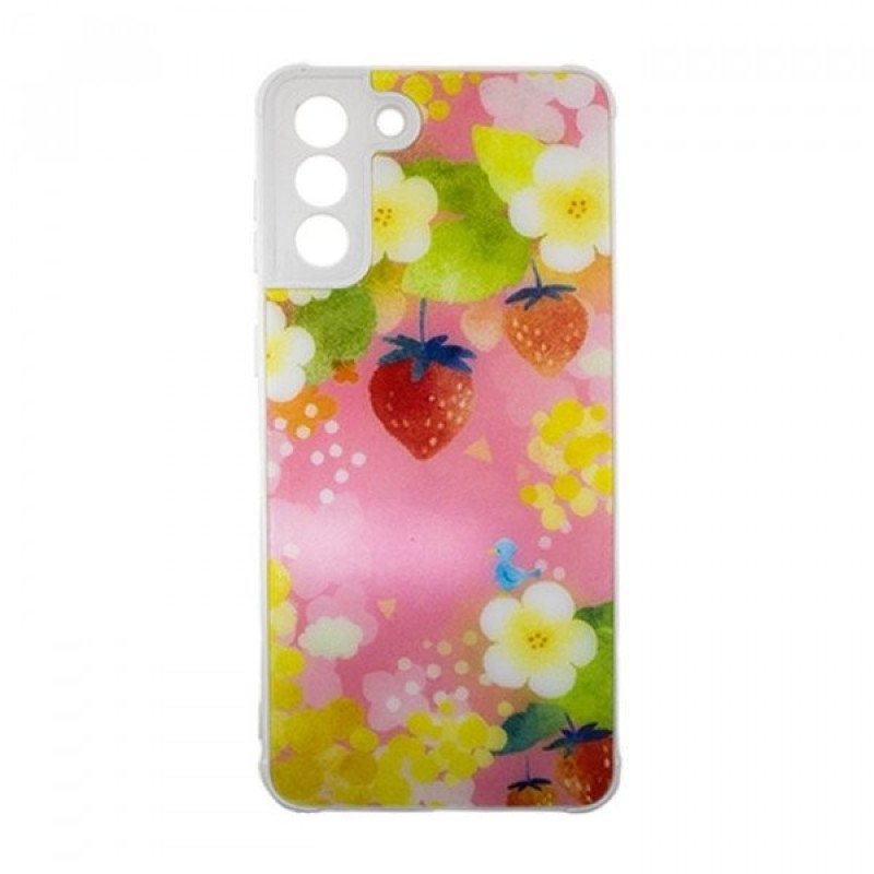 Θήκη Πλάτης Σιλικόνης για Samsung Galaxy S21 - Χρώμα: Ροζ με Φραουλίτσες