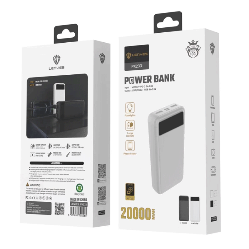 Lenyes Power bank PX-233 20.000mAh Portable - Χρώμα: Λευκό