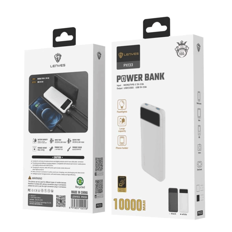 Lenyes Power bank PX-133 10.000mAh Portable Power Bank - Χρώμα: Λευκό