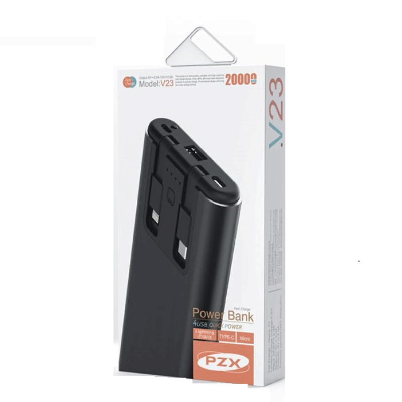 PZX V23 Power Bank 20000Mah με Διπλά Καλώδια Ενσωματωμένα σε Type C και Lightning Cables - Χρώμα: Μαύρο