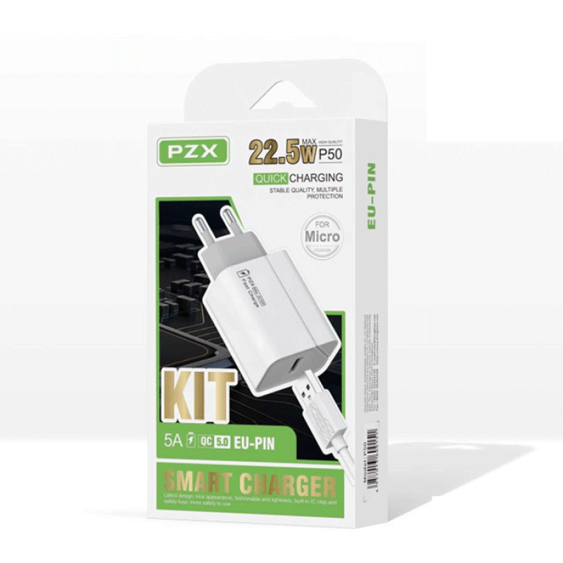 PZX P50 Fast Charging Φορτιστής με Θύρα USB και Καλώδιο Micro USB 5.0A /22.5W - Χρώμα: Λευκό