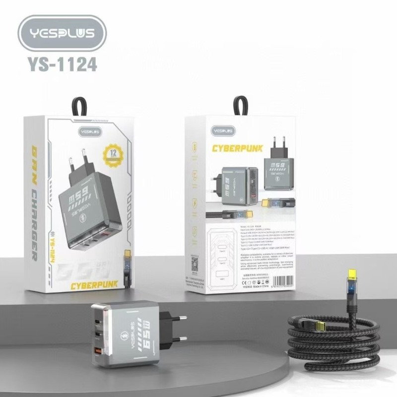 YESPLUS YS-1124 CYBERPUNK PD 65W 3X USB GAN ΓΡΗΓΟΡΗ ΦΟΡΤΙΣΗ ΓΙΑ ΚΙΝΗΤΑ ΚΑΙ LAPTOP ME ΚΑΛΩΔΙΑ TYPE C - ΜΑΥΡΟ