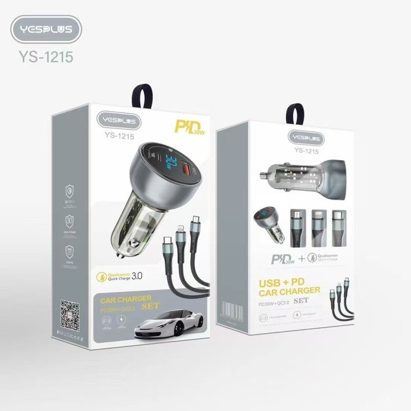 YESPLUS YS-1215 LED DISPLAY QC3.0 PD 30W ΔΙΠΛΟ USB ΓΡΗΓΟΡΗ ΦΟΡΤΙΣΤΗΣ ΑΥΤΟΚΙΝΗΤΟΥ ΜΕ ΚΑΛΩΔΙΟ 3 ΣΕ 1 - ΑΣΗΜΙ
