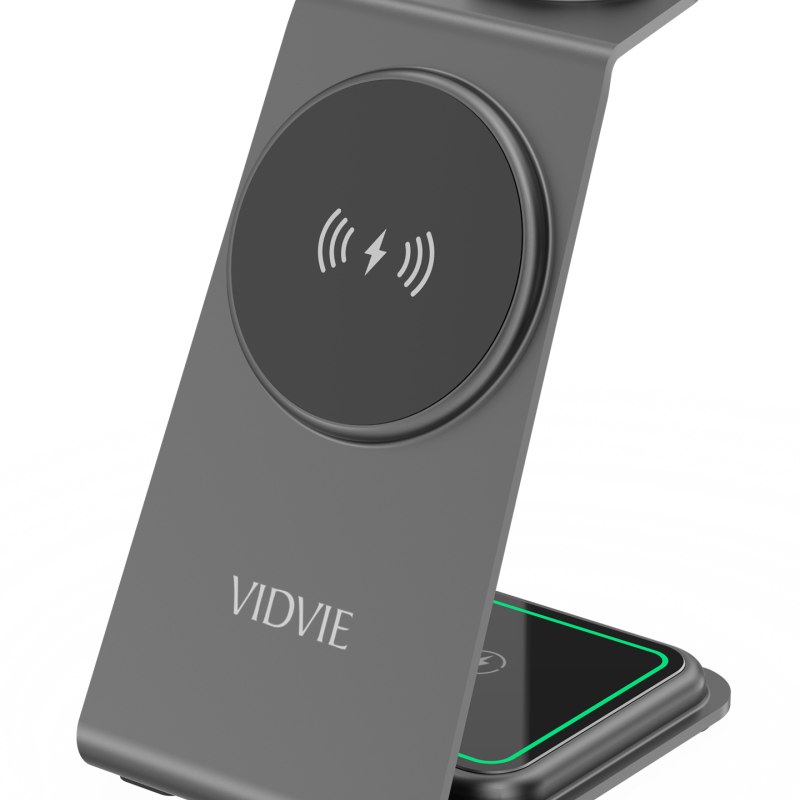 Vidvie WLC1414 15W Στάντζα Aσύρματος φορτιστής 3 σε 1 και Καλώδιο USB-C - Μαύρο