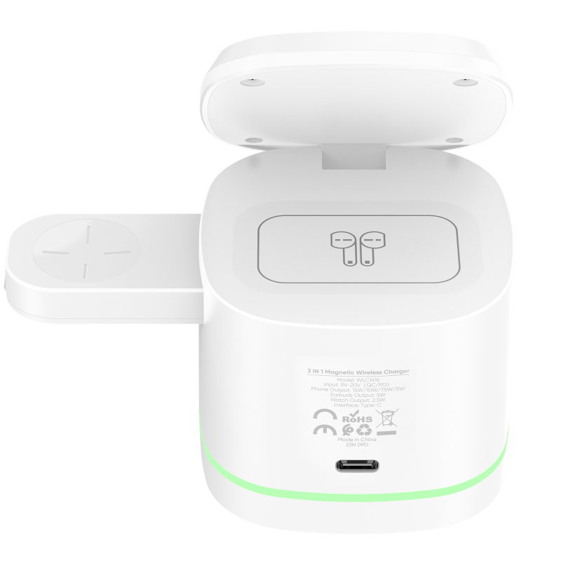 Vidvie WLC1416 15W Στάντζα Aσύρματος φορτιστής 3 σε 1 και 60W Καλώδιο USB-C - Λέυκο