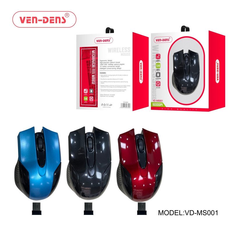 VEN-DENS VD-MS001 Ασύρματο Ποντίκι με USB Δέκτη 2.4GHz 1600dpi Απόσταση λειτουργίας 15 μέτρα - Χρώμα : Μαύρο