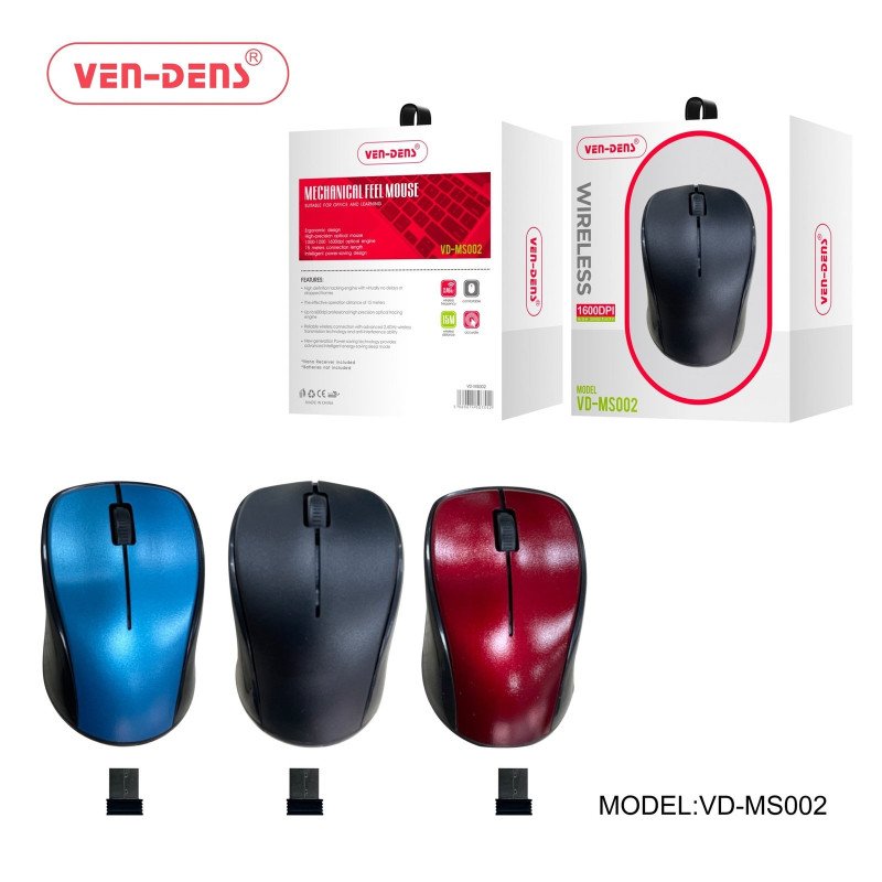 VEN-DENS VD-MS002 Ασύρματο Ποντίκι με USB Δέκτη 2.4GHz 1600dpi Απόσταση λειτουργίας 15 μέτρα - Χρώμα : Μαύρο