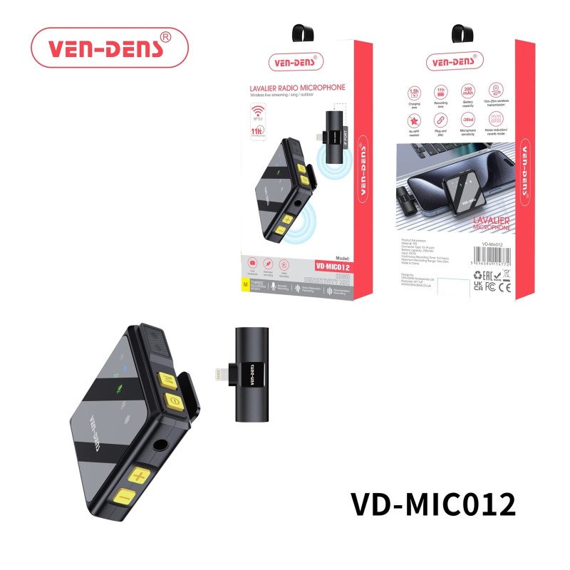 VEN-DENS VD-MIC012 Ασύρματο Μικρόφωνο με δέκτη, βύσμα Lightning Μέγιστο εύρος εγγραφής: 15-20μ - Μαύρο