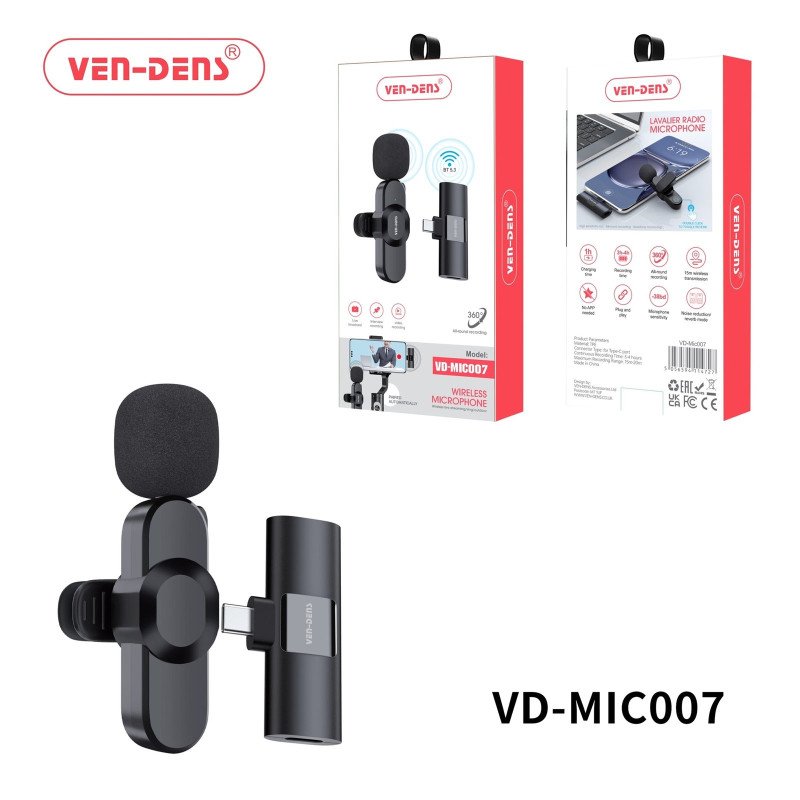 VEN-DENS VD-MIC007 Ασύρματο Μικρόφωνο με δέκτη, βύσμα Type-C - Μαύρο