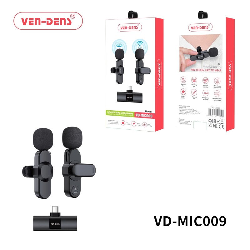 VEN-DENS VD-MIC009 Dual Ασύρματο Μικρόφωνο με δέκτη, βύσμα Type-C (2pcs) - Μαύρο