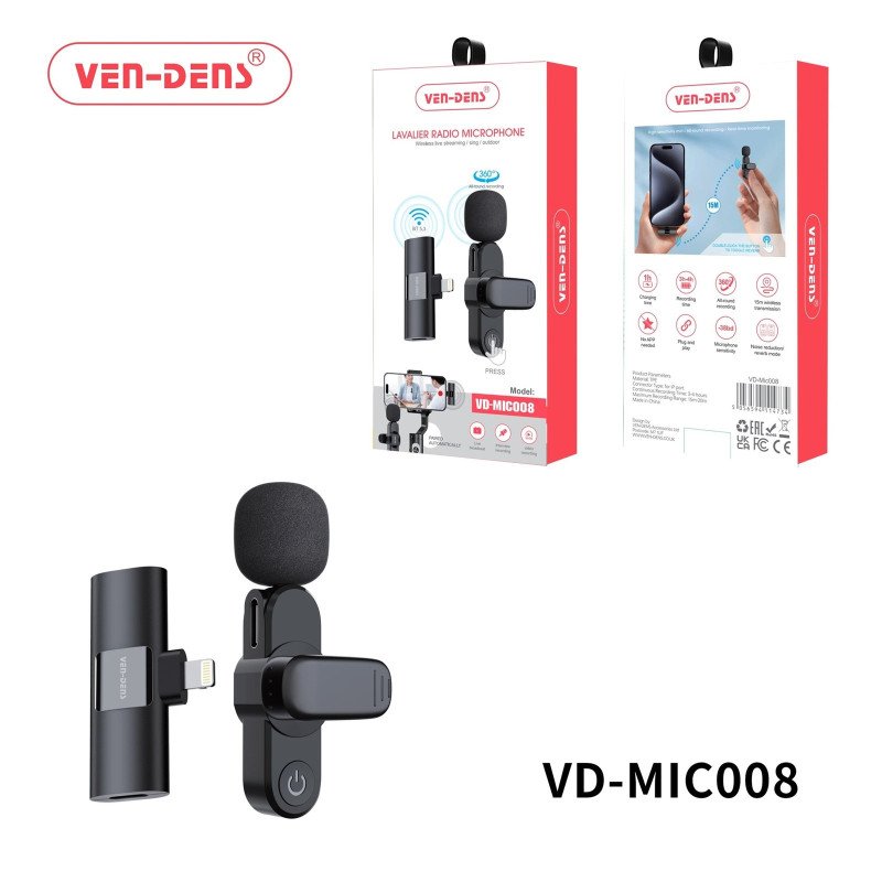 VEN-DENS VD-MIC008 Ασύρματο Μικρόφωνο με δέκτη, βύσμα Lightning  - Μαύρο