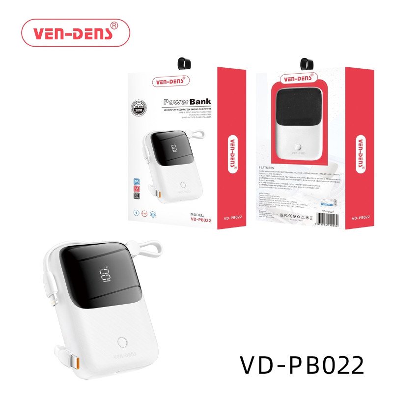 VEN-DENS VD-PB022 Power Bank 22.5W/20W Led Display φορτιστής με Διπλό καλώδιο Type c Και  Lightning 10000mAh - Λέυκο