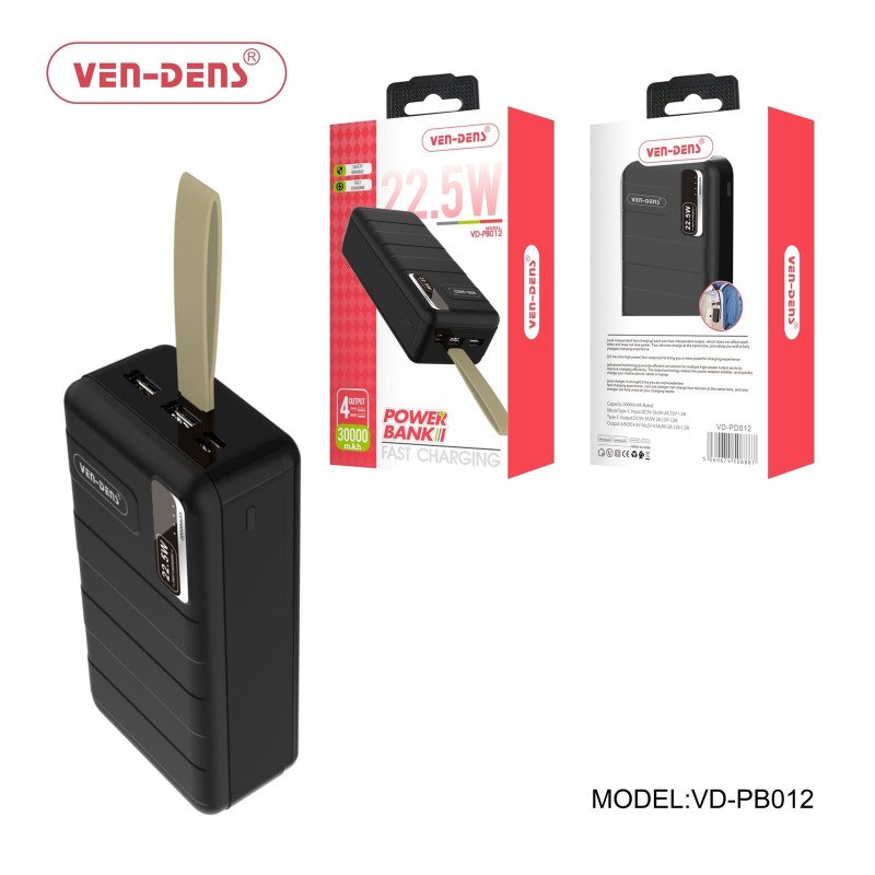 VEN-DENS VD-PB012 Power Bank 22.5W Γρήγορη Φόρτιση με 2x Θύρες εισόδου Και 2x Θύρες εξόδου 30000mAh - Μάυρο