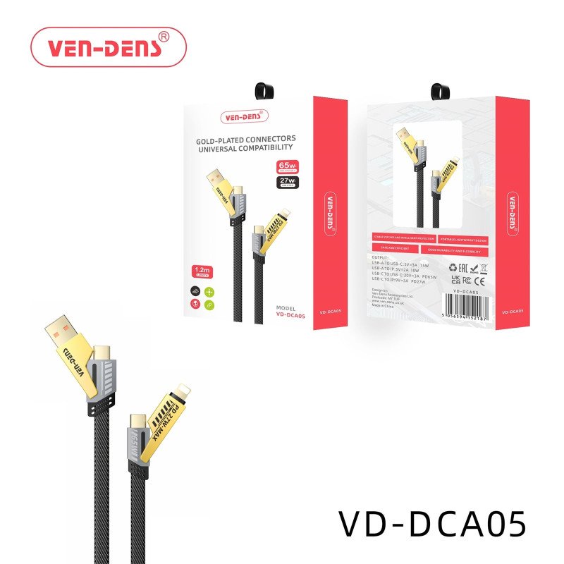 VEN-DENS VD-DCA05 65W Επίχρυσο Καλώδιο Φόρτισης και Μεταφοράς Δεδομένων 4 σε 1 (1.2m) - Χρώμα: Μάυρο