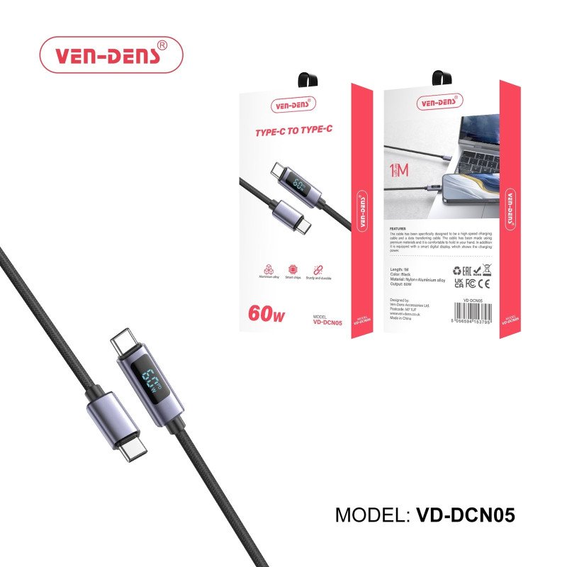 VEN-DENS VD-DCN05 60W Καλώδιο Φόρτισης και Μεταφοράς Δεδομένων με Οθόνη - LCD - USB-C σε USB-C (1m) - Χρώμα: Μάυρο
