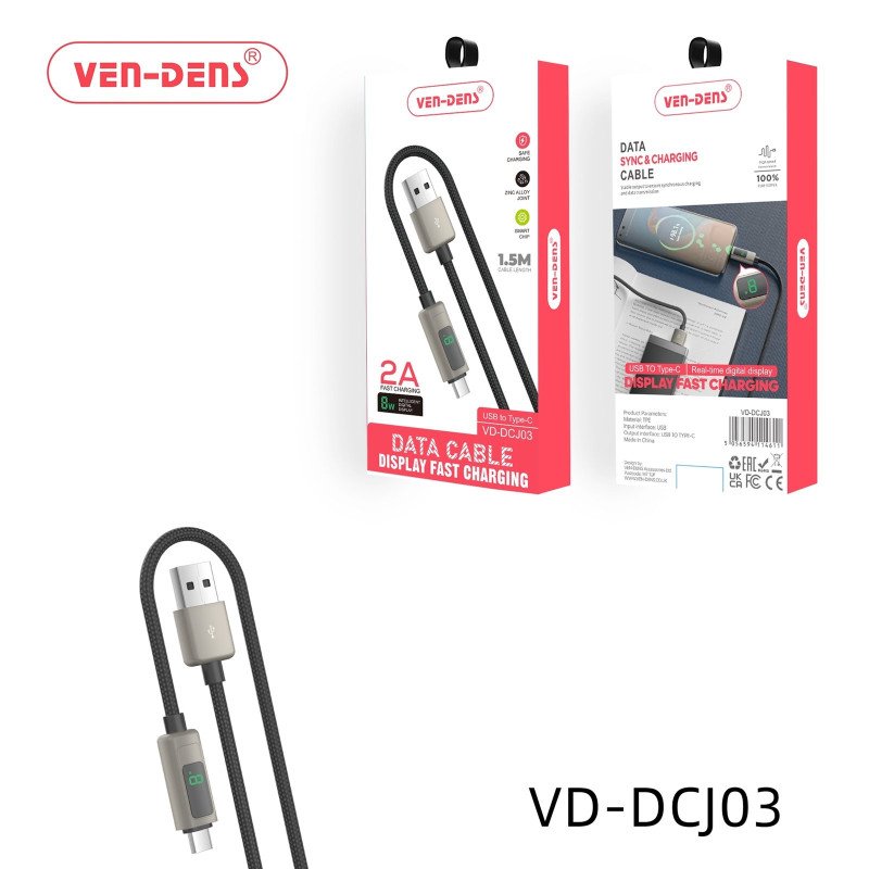 VEN-DENS VD-DCJ03 120W Καλώδιο Φόρτισης και Μεταφοράς Δεδομένων με Οθόνη - LCD - USB-A Σε USB Type-C (1.5m) - Χρώμα: Μάυρο