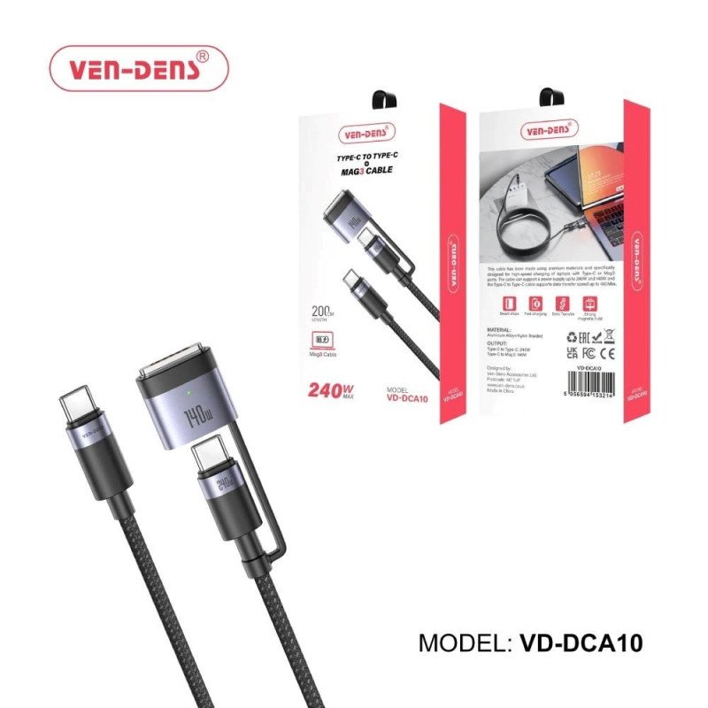 VEN-DENS VD-DCA10 240W Καλώδιο Φόρτισης και Μεταφοράς Δεδομένων 3 σε 1 Type-C σε Type-C Και Mag3  (2m) - Χρώμα: Μάυρο
