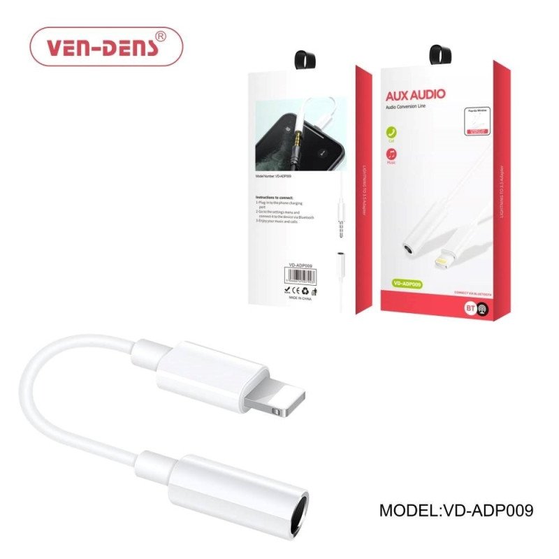 VEN-DENS VD-AUX010 Μετατροπέας USB Lightning Σε Female 3.5mm Jack - Λέυκο