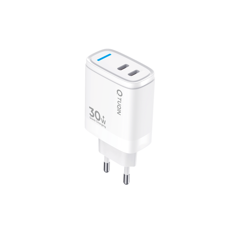 TUQIN QE59 C&i 30W Φορτιστής με Γρήγορη Φόρτιση με 2xΘύρες USB-C με Καλώδιο Type-C Σε Lightning - Λευκό