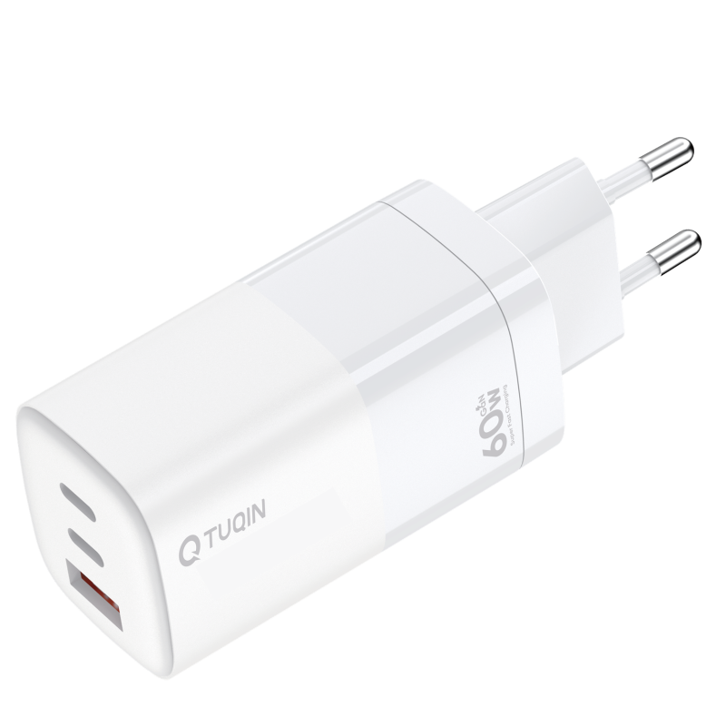 TUQIN QE30 C&I 60W GAN Φορτιστής με Γρήγορη Φόρτιση με 2xΘύρες USB-C Και 1x Θύρα USB-A με Καλώδιο Type-C σε Lightning - Λευκό
