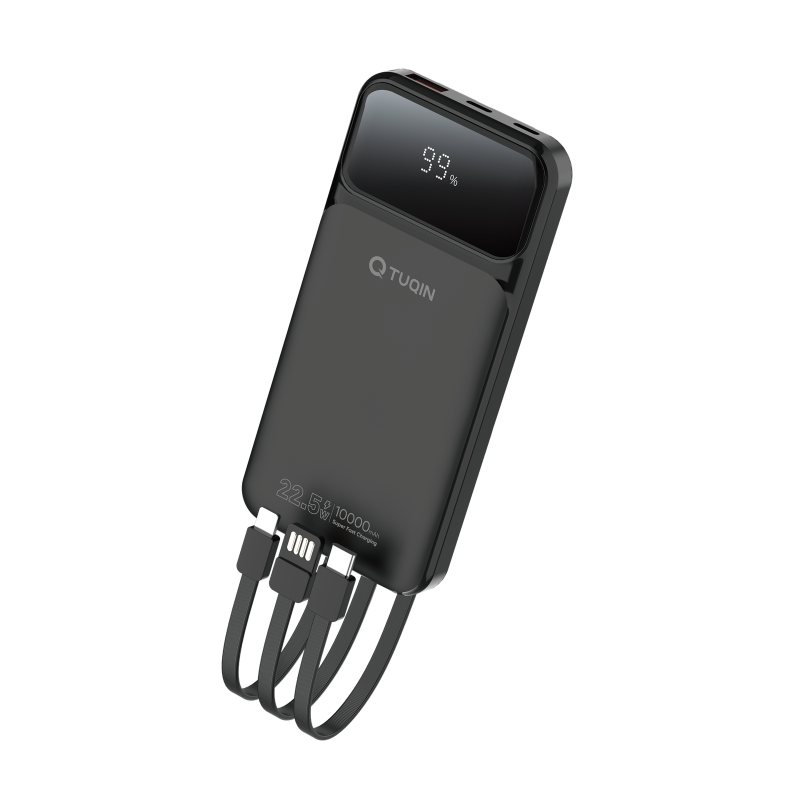 TUQIN QP28 Power Bank 10000mAh 22.5W με Γρήγορη Φόρτιση με 3 Θύρες και καλωδιο Type-C - Lightning - USB-A - Μάυρο
