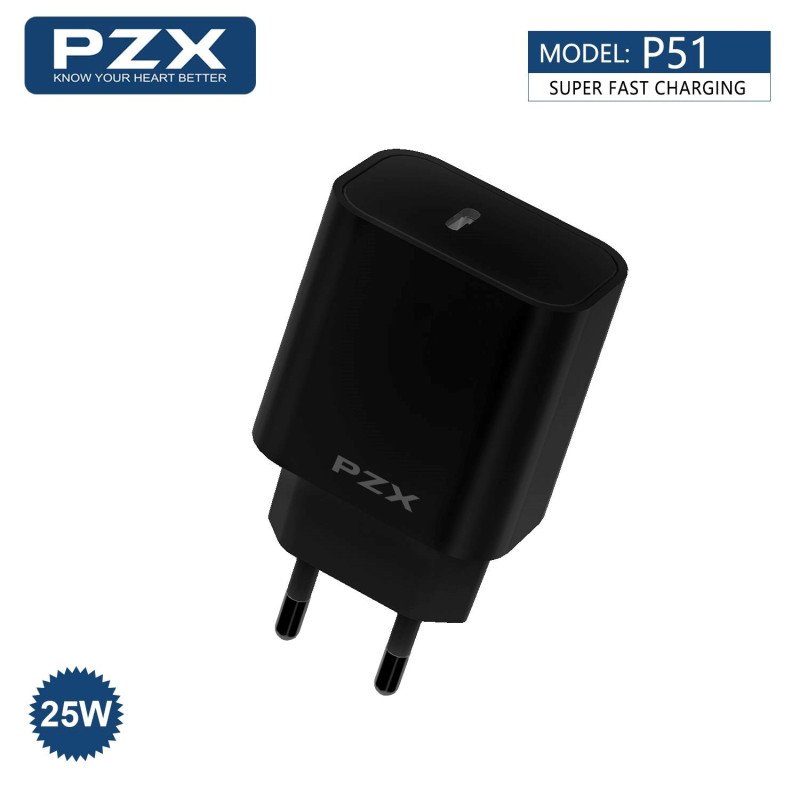 PZX P51 Fast Charging Φορτιστής SmartPhone με 1 θύρα Type-C και Καλώδιο σε TYPE C 25W - Χρώμα: Μάυρο