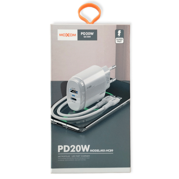 Moxom MX-HC89 Φορτιστής με Θύρα USB-A και USB-C και Καλώδιο USB-C 20W - Χρώμα: Λευκό