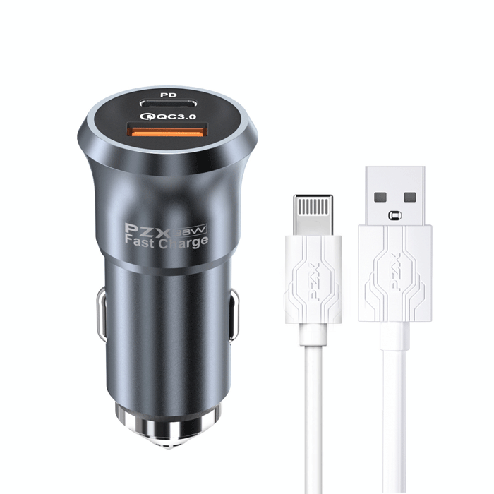 PZX Φορτιστής για Αυτοκίνητο με θύρα USB και Καλώδιο Lightning (C960) 38W Max - Χρώμα: Μαύρο B09MVYN4M8
