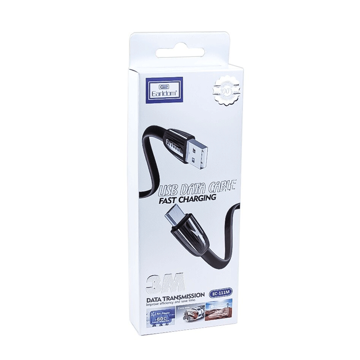 Earldom EC-111M Καλώδιο Γρήγορης Φόρτισης Micro-USB 2.4Α 3M - Χρώμα: Μαύρο