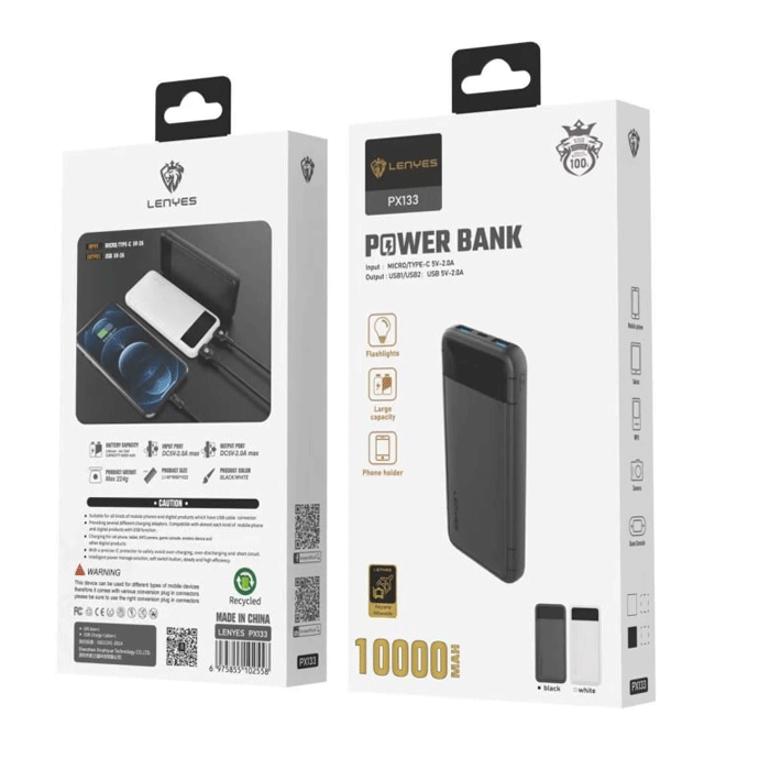 Lenyes Power bank PX-133 10.000mAh Portable Power Bank - Χρώμα: Μαύρο