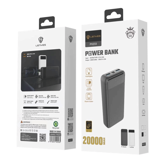 Lenyes Power bank PX-233 20.000mAh Portable - Χρώμα: Μαύρο