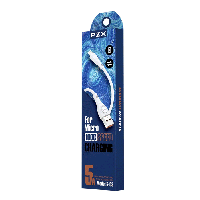 PZX S-03 Fast Charging Cable 5A Micro USB To USB 1m Data Cable / Καλώδιο Φόρτισης και Μεταφοράς Δεδομένων - Χρώμα: Λευκό